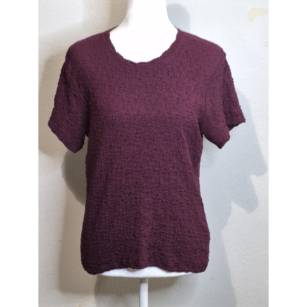Theory Medium Crinkle Textured Top Burgundy Short Sleeve Stretch Minimalist Boho